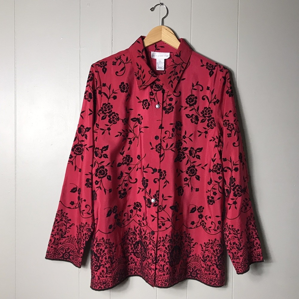 SUSAN GRAVER STYLE RED ROSE FLORAL PATTERN BUTTON FRONT SHIRT WOMENS SIZE LARGE